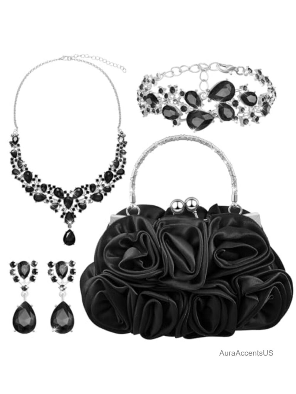 Rhinestone Floral Clutch Jewelry Set Detachable Strap Necklace Earrings Bracelet
